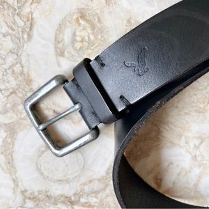 Authentic Vintage Black Genuine Leather American Eagle Belt 34 Silver Buckle